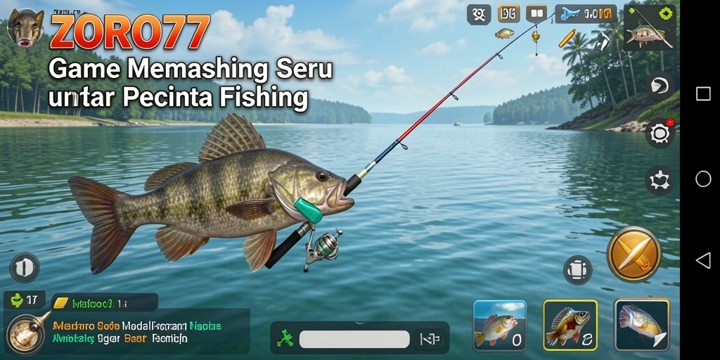 Gameplay menegangkan dalam ZORO77 saat memancing di danau yang indah.